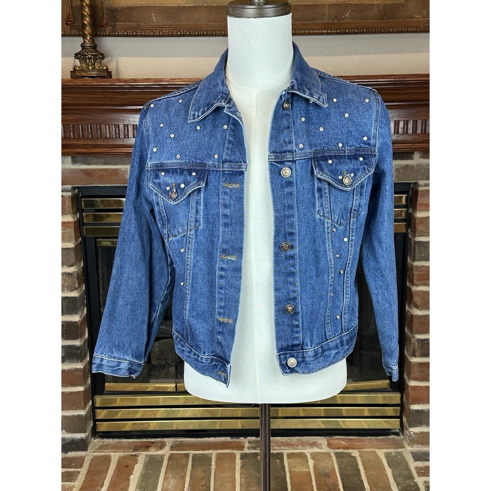 Vintage Y2K Boom Boom Rhinestone Studded Denim Jacket Women's Sz M‎ Blue Jean